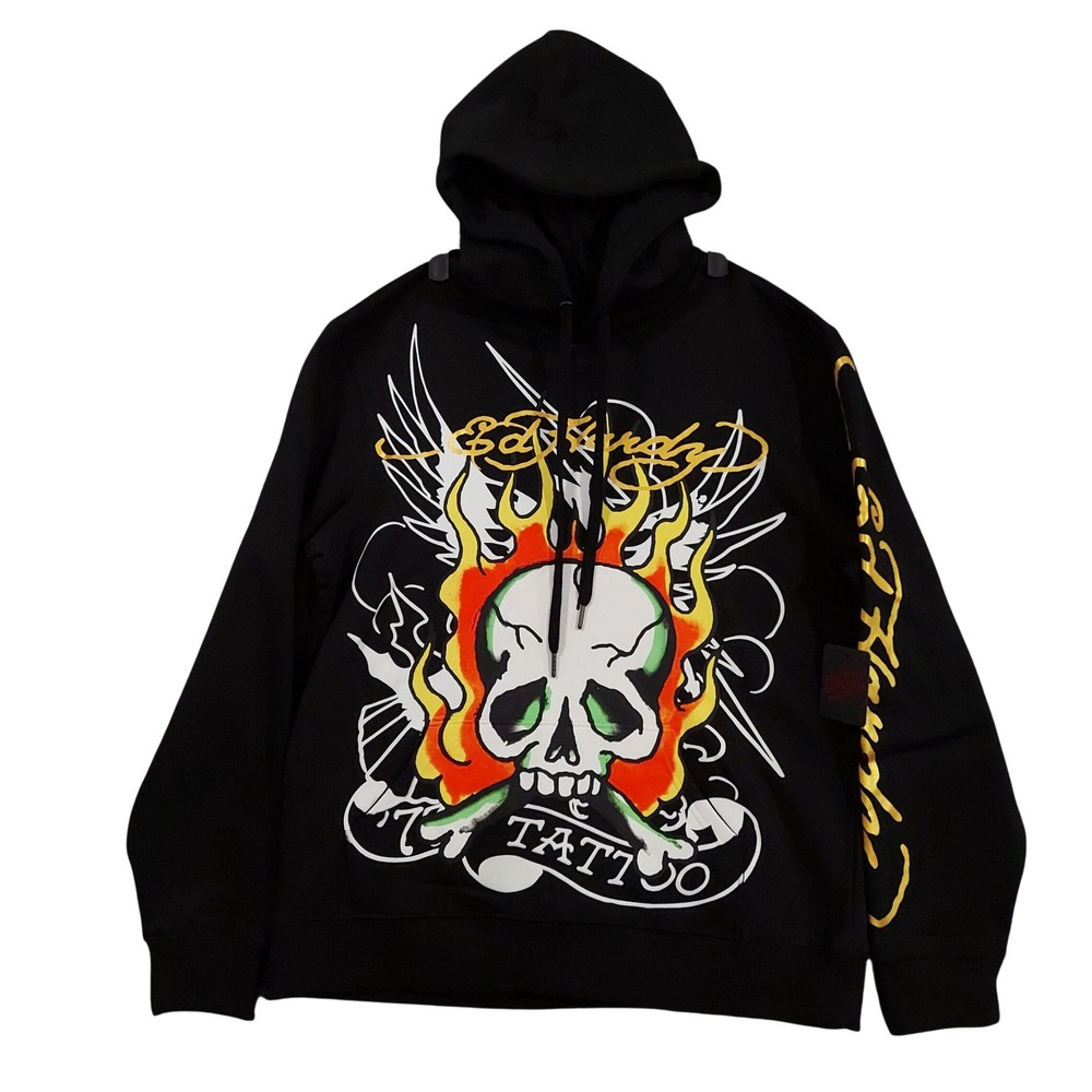 Ed Hardy Hoodie Men Large Black Skull Flame Tattoo‎ Graphic EHM1300-58